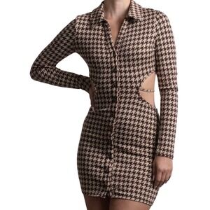Bailey Rose Houndstooth Cutout Bodycon Mini Shirt Dress Brown Women‎ Size Small